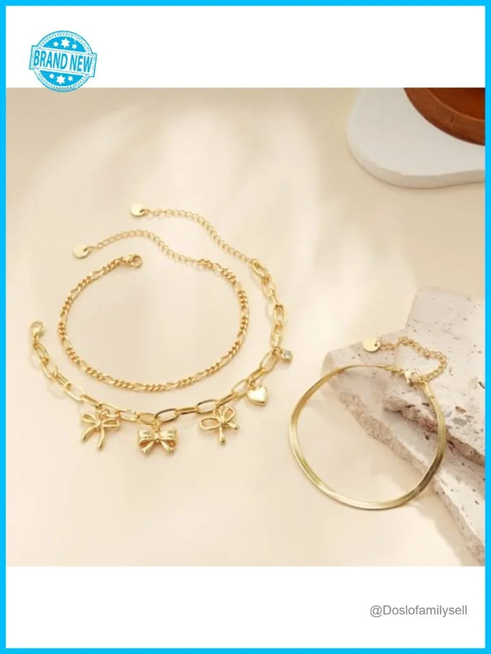 3PC Charm Gold Bracelet Set Non Tarnish 14k Plated Dainty Stackable Trendy